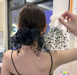 Love Polka Dot Ribbon Scrunchies for Women Pearl Pendant Bow Hair Rope Tassel Mesh Tulle Hair Ring Lace Net Yarn Elastic Hairband