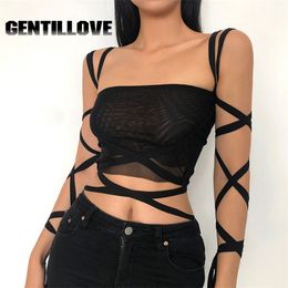 Fashion Gothic Women Black Mesh Lace Up Bandage Crop Top Y2K Sexy Clothing Fairy Grunge Aesthetic High Street Party Club Outwear 220316