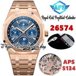 APSF aps26574 Perpetual Calendar Cal.5134 aps5134 Automatic Mens Watch 41MM Superlumed Blue Textured Dial Moon Phase Rose Gold Steel Bracelet eternity Watches