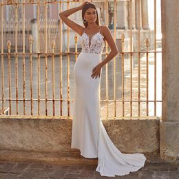 Other Wedding Dresses Simple A-Line Sleeveless Backless Lace Appliques Spaghetti Straps Sweep Train White Jersey Bridal GownsOther