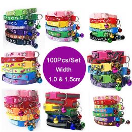 Wholesale 100Pcs Adjustable Small Pets Puppy Dog Dog Pet Glossy Reflective Cat Collar Safety Buckle Bell Strap Adjustable Strap 201030