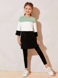 Girls Colorblock Top & Contrast Side Seam Leggings Set SHE