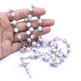 Catholic Beads Rosary Necklace Colorful Cross Perfect for First Communion Catholicism Religious Gift