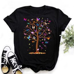 Woman Butterfly Tree Print Harajuku Summer Tshirts Casual Round Neck Short Slee Top Tee Shirt Women Black Tshirt Drop Ship 220526