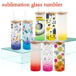 18oz Sublimation Frosted Glass Water Bottle Tumblers with Straw And Bamboo Lid Blanks Skinny Tumbler Shot Glasses Drinking Cups