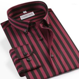 Men's Dress Shirts Vertical Striped Button Down Long Sleeve Pocketless Design Casual Slim Fit Male Business Social Shirt