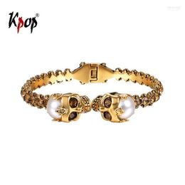 Bangle Kpop Skeleton Skull Open Antique Gold Colour Artificial Pearl Brown Rhinestone Human Skulls Handcuff Bracelet Women H30081 Inte22