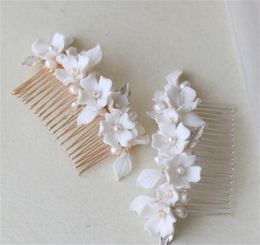 Wedding Bridal Freshwater Pearls Hair Comb Korean White Ceramic Flower Headpiece Crown Tiara Party Prom Earrings Jewellery Set