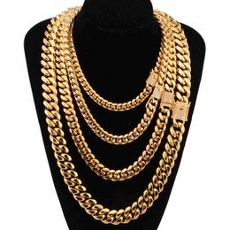 8-18mm wide Stainless Steel Cuban Miami Chains Necklaces CZ Zircon Box Lock Big Heavy Gold Chain for Men Hip Hop Rock Jewellery H220409