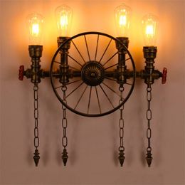Retro American Industrial Vintage By Restaurant Bar Lamp Iron Wheel Water Pipe Wall Light Sconce 220705