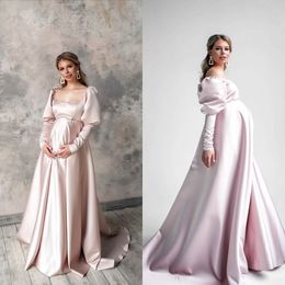 Vintage Prom Dresses for Pregnant Women 2022 Elegant Bride Maternity Photoshoot Dress with Sleeves Silk Satin Baby Shower Gowns