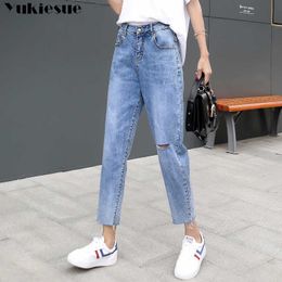 Plus Size high Waist ripped Boyfriend Loose Denim Harem Jeans woman Light Blue GirlS Casual Pants For Women streetwear 210608