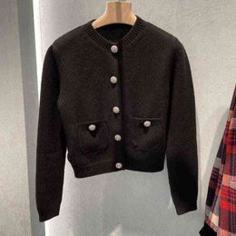 new round neck cardigan coat autumn and winter black sweater temperament female