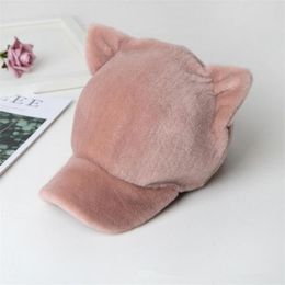 Visors Real Lamb Fur Hats Pink Ear Cute Cap Winter Warm Women Baseball Caps With BrimVisors