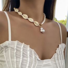 Boho Baroque Pearl Handmade Shell Pendant Necklace For Women Summer Beach Wedding Bride Elegant Beads Chain Party Jewellery Girls