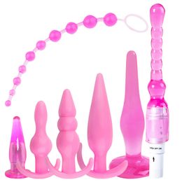 Adult Anal sexy Toys 7Pcs Beads Butt Plug Set Prostate Massage Flexible Anus Expander with Bullet Vibrator for Couples Gay