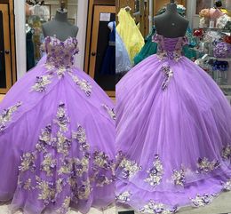 2022 Lavender 3D Flowers Tulle Prom Sweet 16 Dresses A-line Ivory Appliques Beads Off The Shoulder Princess Vestidos De Quinceanera Dress