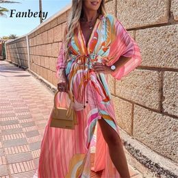 Elegant Deep V Neck Printing Hem Maxi Dresses Women Casual Button Elastic Waist Long Party Dress Summer Loose Slit Beach Dress 220317