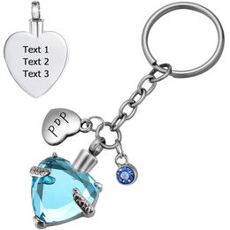 Simple Heart Key Ring Crystal Birthstone with Love Pendant KeyChain Cremation Urn Memorial for Ashes Jewellery Gift to Men Women