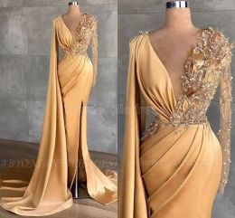Stunning Gold Yellow Evening Dresses Deep V Neck Sheer Long Sleeve Beaded Crystals Luxury Party Celebrity Gowns BES121