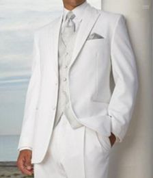 Men's Suits & Blazers Wholesale- White Simple Design Male Men Wedding Peaked Lapel Two Button Groomsman Tuxedos1