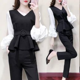 Women's Two Piece Pants Large Size Women Blazer Work Suit Female Blouse Top And Pant Office Lady Matching Set Spring Autumn Clothing E319Wom