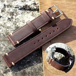 Watch Bands Handmade Vintage Crazy Horse Leather Watchband 20mm 22mm Coffee Calfskin Strap Quick Release Spring Bar For Men Band Hele22