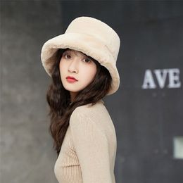 Women Girls Winter Thickened Fluffy Plush Cap Plain Solid Colour Wide Brim Sun Protection Packable Outdoor Fisherman Hat 220318