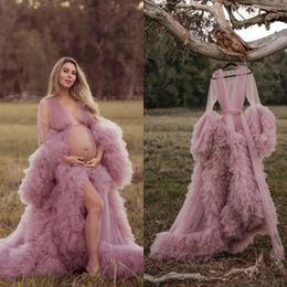 Women's Sleepwear Vintage Maternity Shoot Dress Pink Evening Prom Ruffles Robe Long Kimono Sheer Fluffy Wedding Dressing Gown Bridal Nightgo