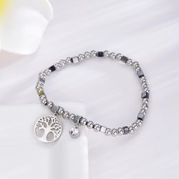 Charm Bracelets Stainless Steel Tree Of Life Bracelet For Women Black Square Crystal Bead Pulseras Mujer Moda Gifts DropCharm