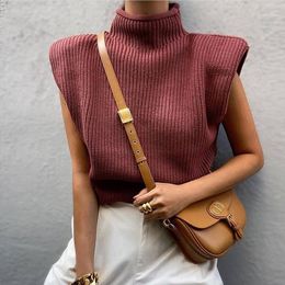 Women's Sweaters 2022 Autumn Women Sleeveless Turtleneck Sweater Winter Casual Shoulder Pad Solid Tops Office Lady Knitted Pullovers