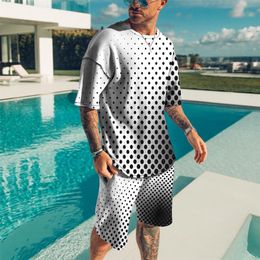 Summer 3D Printed Mens TShirt Set Solid Colour With Black Dot Casual Suit Simple Short Sleeve Shorts 2 Piece Set 220602
