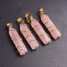 Pendant Necklaces Pieces Hexagonal Crystal Pointed Quartz Natural Energy Healing Gemstone With Gold Wire Wrapped For WomenPendant