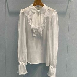 White Chiffon shirt lace splicing long sleeved flare sleeve top women's autumn new
