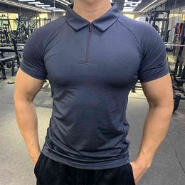 Men zipper Polo T-shirt Gym Running Training Fitness Bodybuilding Casual Sport Top Quality elastic Short Sleeve Male Tops Tees L220704