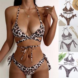 Women's Swimwear Sexy Leopard Wrap Tie Side Thong Bikini Set Swimsuit Women Double Cross Bandage Push-Up Brazilian Low Waist BeachwearWomen'