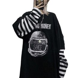 Autumn tshirt Casual Letter Print O-Neck stripe Tees Creativity Loose T-Shirt Long Sleeve Oversize top Hip Hop Streetwear 220402