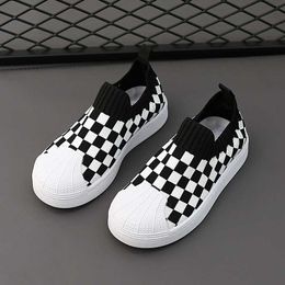 Athletic & Outdoor Summer Children's Elastic Flying Woven Checkerboard One Pedal Lazy Shoes Boy's And Girl's Soft Comfortable Leisure Board