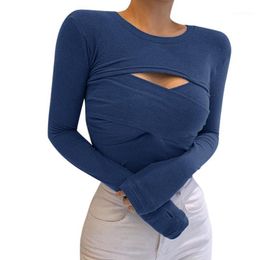 Women's T-Shirt Autumn Women Sexy Cutout Cropped Tops Ladies Long Sleeve Round Neck Cross Wrap Folds Solid Color Slim Fit Hollow Out