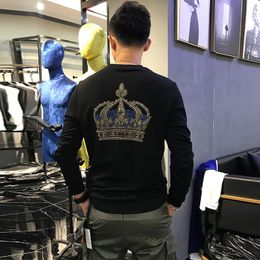 Winter Popular Men's Hoodies Autumn Winter New Heavy Craft Crown Pattern Letter Rhinestone Sequins Design Pullover Slim Luxury Round Neck Sweater Black White M-4XL