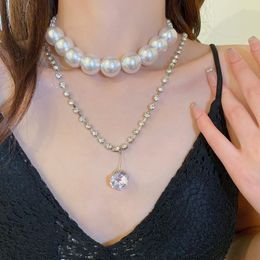 Chains Europe And America Big Pearl Diamond Zircon Double Necklace Fashion Niche Temperament Clavicle ChainChains