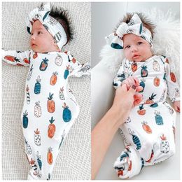 Newborn Baby Girl Boy Sleep Bag Sleepwear Nightgown and Headband Set Knotted Baby Gown Gift Coming Home Outfit