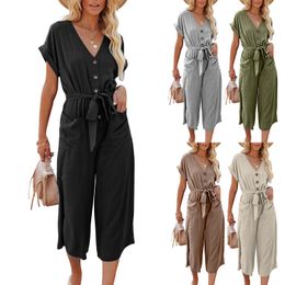 Loose Jumpsuits Summer Short Sleeve Full Length Wide Leg Playsuit Plus Size Elegant Women Jumpsuit