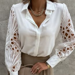 Women Shirts Long Sleeve Lace Patchwork Solid White and Black Office Ladies V-Neck Blouse Women Clothes Women Tops And Blouses