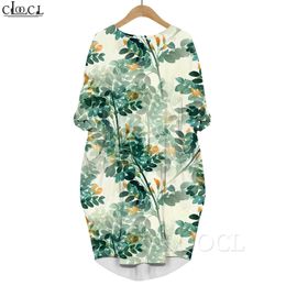 Women Green Plants 3D Printed Dress Long Sleeve Gown Pocket Round Neck Loose Dresses Midi Dresses Plus Size Dress 220616