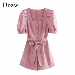 Summer Pink Color Chic Playsuit Women Puff Short Sleeve Stylish Playsuits With Belt Button Pocket Holiday Romper Femme 210515