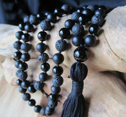 Pendant Necklaces 108 Bead Mala Necklace Black Onyx And Lava Stone Tassel Yoga Jewelry Prayer Beads