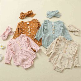 4 Colours Baby Girls Rompers Autumn Winter Newborn Infant Princess Girls Knitted Floral Ruffles Rompers Jumpsuits Headband 2pcs G220521