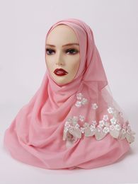 New Chiffon Hijab Women with Flowers Lace Hijabs Scarf Hijab Wrap Printe Solid Color Shawls Headband Muslim Scarves Scarf