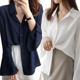 Women's Blouses & Shirts Women Elegant Slit Flare Long Sleeve Lapel Collar Button Down Lightweight Chiffon Blouse Solid Color Tunic Top M6CD